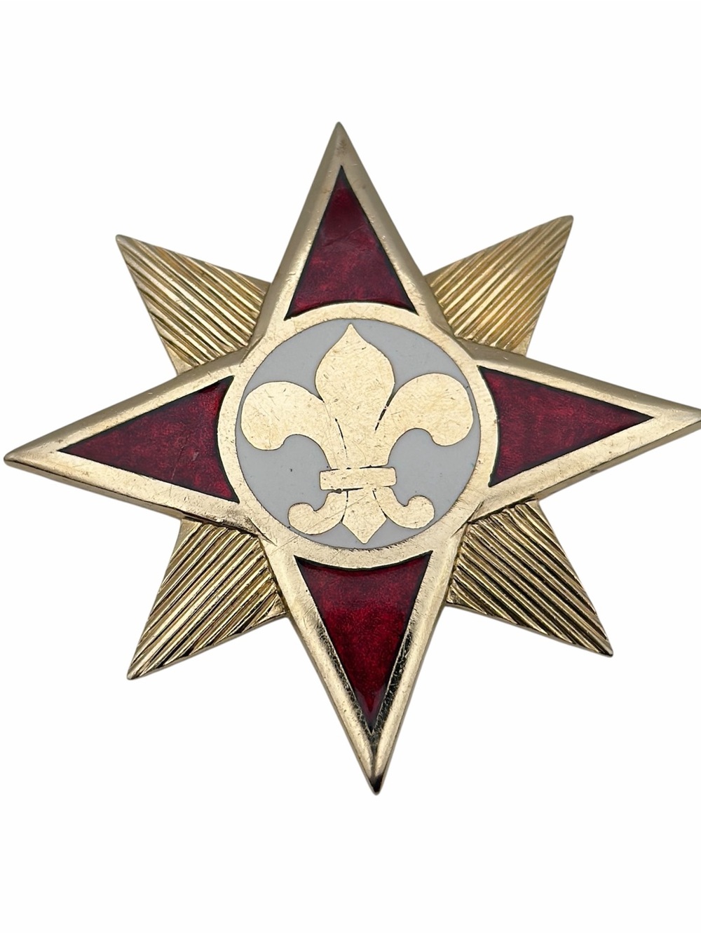 Vintage 2.5” Red Enamel 8-Point Star Fleur-de-Lis Fraternal Officer Brooch Pin